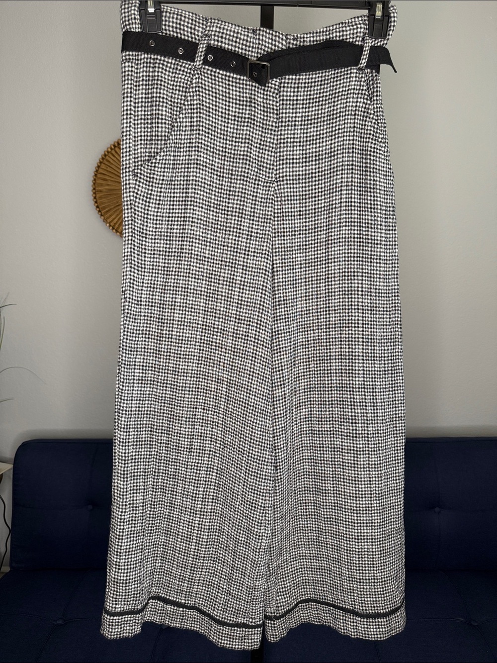 Max Studio 100% Cotton Gauze Wide Leg Houndstooth Pants with Black Belt Small